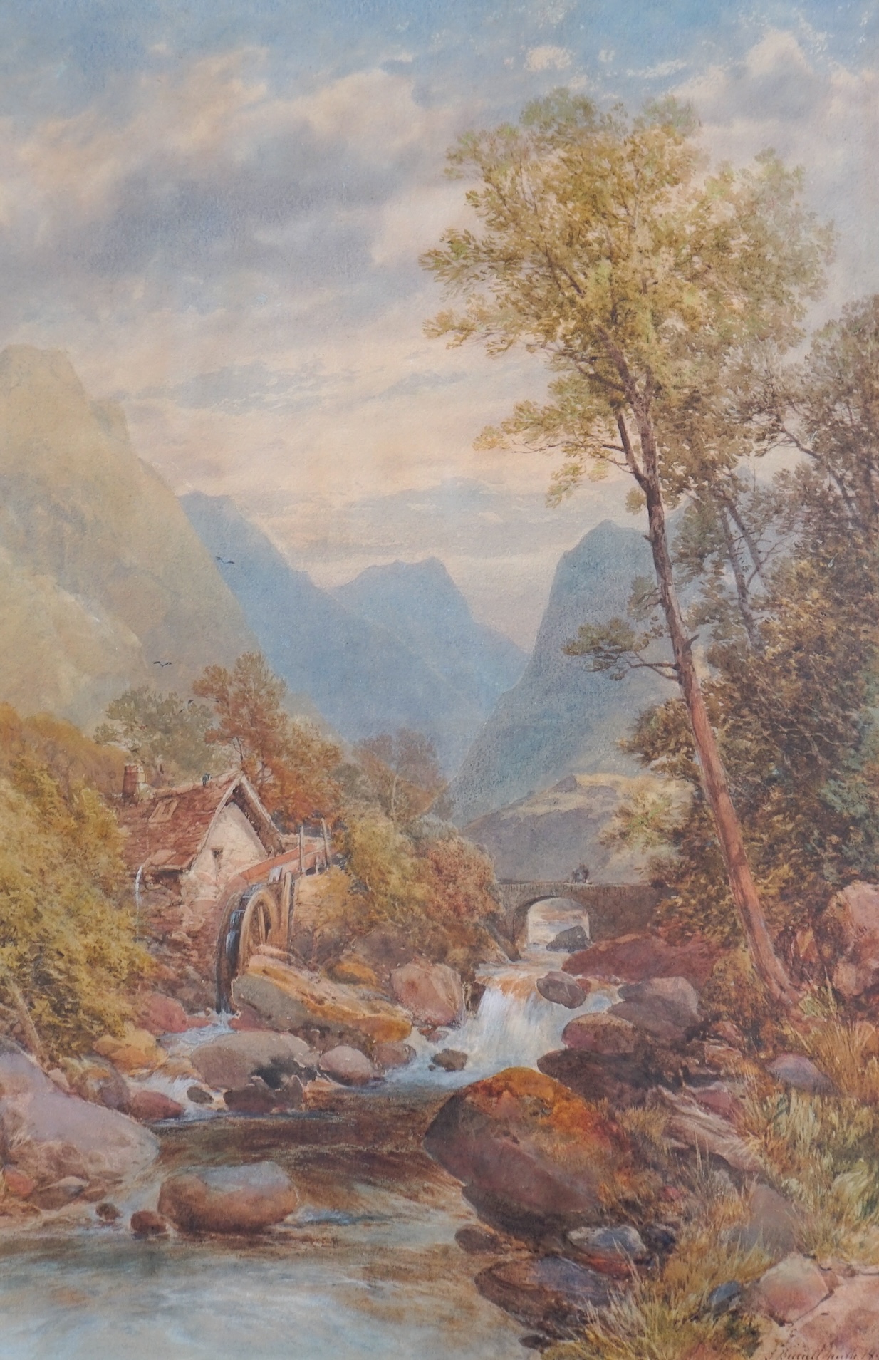 James Burrell Smith (British, 1822-1897), watercolour, Mountain stream with watermill and stone bridge, signed and dated 1890, 48 x 32cm. Condition - fair to good